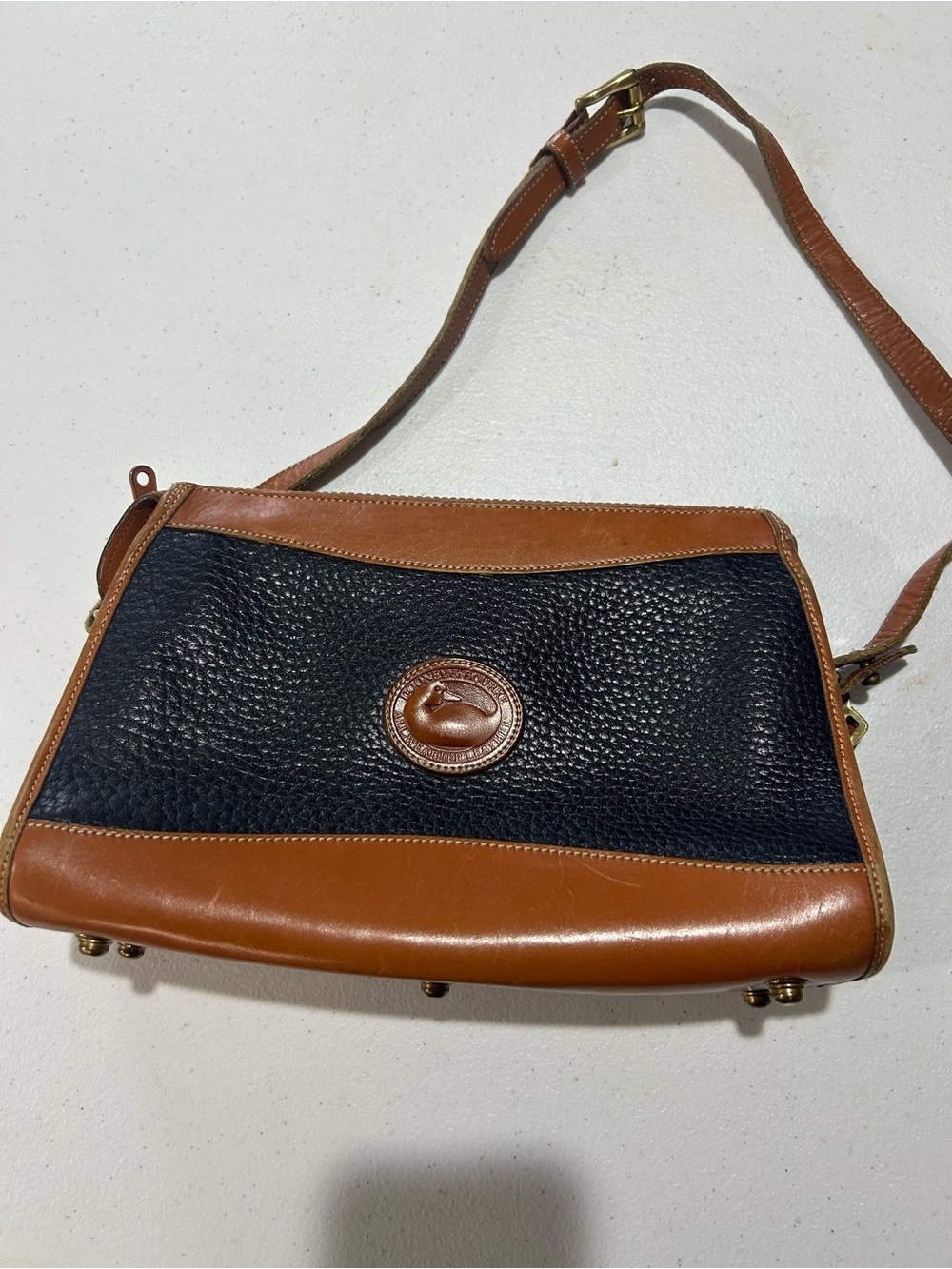 Vintage Dooney & Bourke Black Pebbled Leather with Brown Trim Crossbody Bag